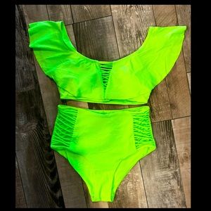 Tini bikini neon ribbed high waist off shoulder bikini